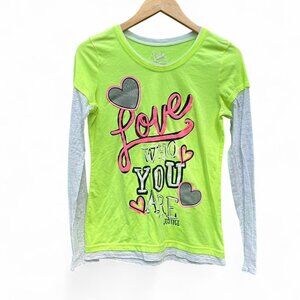 3/$15 y2k Green Justice long sleeve top with "love who you are" mcbling 2000s